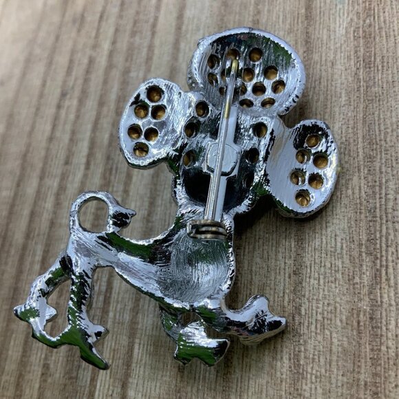 Poodle Rhinestone Vintage Silver Tone Green Eyes Pin Brooch - Picture 4 of 5